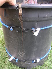 Pot now sliced vertically and held together temporarily for setting into hole